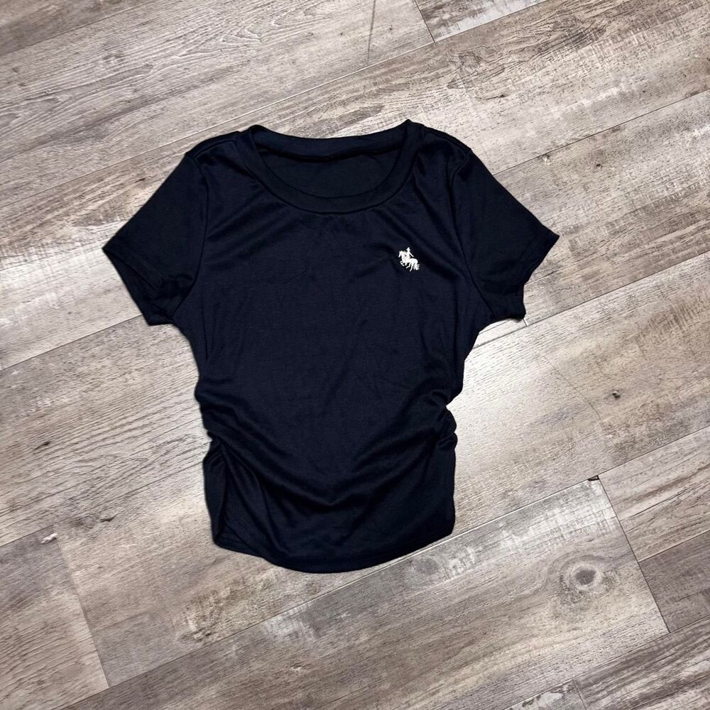 Cinched Black Polo Ralph Lauren style cotton & polyester t-shirt with embroidere